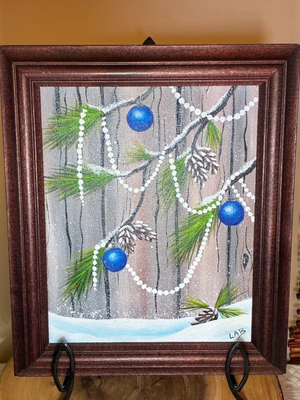 Hand Painted Holiday/Winter Pine Acrylic Painting 10x12 Dark Wood Frame